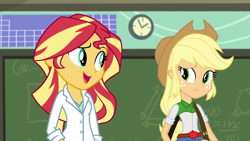 Size: 1280x720 | Tagged: safe, screencap, character:applejack, character:sunset shimmer, episode:the science of magic, equestria girls:friendship games, g4, my little pony:equestria girls, out of context, sunset the science gal