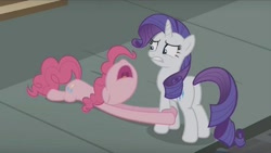Size: 1016x572 | Tagged: safe, screencap, character:pinkie pie, character:rarity, species:pony, episode:the gift of the maud pie, g4, my little pony: friendship is magic, awkward moment, begging, female, floppy ears, holding hooves, manehattan, mare, nose in the air, plot, uvula, volumetric mouth