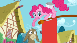 Size: 1280x720 | Tagged: safe, screencap, character:cranky doodle donkey, character:pinkie pie, species:donkey, species:earth pony, species:pony, bald, flag, humiliation, megaphone, open mouth, pointing, ponyville, talking, this donkey is really really bald, tongue out