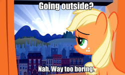 Size: 1196x720 | Tagged: safe, screencap, character:applejack, episode:the cutie mark chronicles, g4, my little pony: friendship is magic, caption, filly, image macro, manehattan, sad