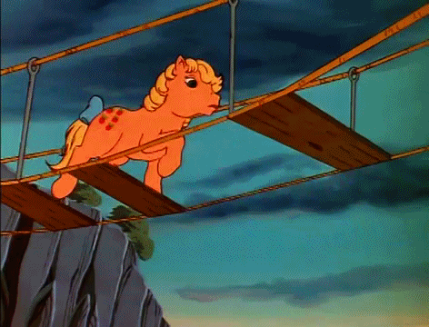 Size: 472x360 | Tagged: safe, screencap, character:applejack (g1), species:earth pony, species:pony, episode:rescue at midnight castle, g1, animated, bow, bridge, distress, fail, falling, peril, river, rope bridge, silly, silly pony, solo, splash, splashing, tail bow, water