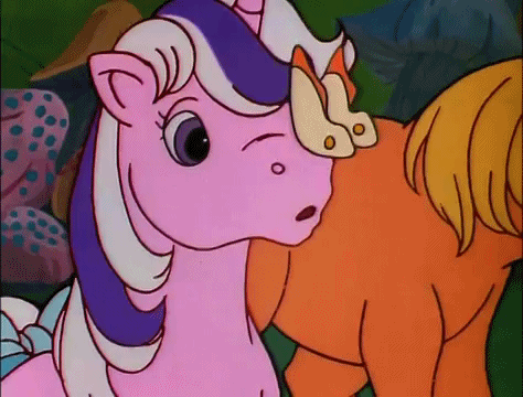 Size: 474x360 | Tagged: safe, screencap, character:twilight (g1), species:pony, species:unicorn, episode:rescue at midnight castle, g1, animated, butterfly, insect on nose, looking at something, solo focus