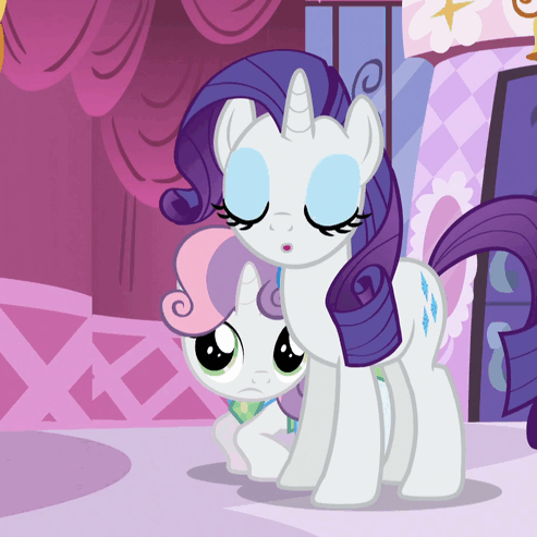 Size: 493x493 | Tagged: safe, screencap, character:rarity, character:sweetie belle, species:pony, species:unicorn, episode:make new friends but keep discord, g4, my little pony: friendship is magic, animated, blinking, carousel boutique, clothing, cute, diasweetes, dress, eyes closed, eyeshadow, female, filly, floppy ears, flower, flower in hair, foal, grin, hiding, looking at each other, makeup, mare, open mouth, raised hoof, raribetes, siblings, sisterly love, sisters, smiling, talking