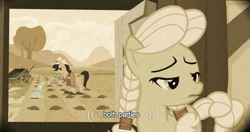 Size: 579x306 | Tagged: safe, screencap, character:granny smith, character:pokey oaks, species:earth pony, species:pony, episode:family appreciation day, g4, my little pony: friendship is magic, female, male, mare, stallion, watering can, young granny smith, youtube caption