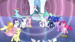 Size: 1470x823 | Tagged: safe, screencap, character:applejack, character:fluttershy, character:pinkie pie, character:princess cadance, character:princess celestia, character:princess flurry heart, character:princess luna, character:rainbow dash, character:rarity, character:shining armor, character:twilight sparkle, character:twilight sparkle (alicorn), species:alicorn, species:pony, episode:the crystalling, g4, my little pony: friendship is magic, alicorn pentarchy, crying, discovery family logo, female, mare, shockwave, twilight is not amused, unamused