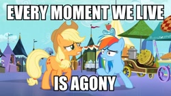 Size: 748x420 | Tagged: safe, screencap, character:applejack, character:rainbow dash, episode:the crystal empire, g4, my little pony: friendship is magic, agony, image macro, meme