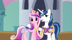 Size: 2048x1152 | Tagged: safe, screencap, character:princess cadance, character:shining armor, species:alicorn, species:pony, species:unicorn, female, male, mare, stallion