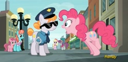 Size: 1573x765 | Tagged: safe, screencap, character:copper top, character:luckette, character:pinkie pie, character:pinot noir, character:ruby pinch, character:strawberry ice, episode:the gift of the maud pie, g4, my little pony: friendship is magic, background pony, discovery family logo, police, police pony, sunglasses