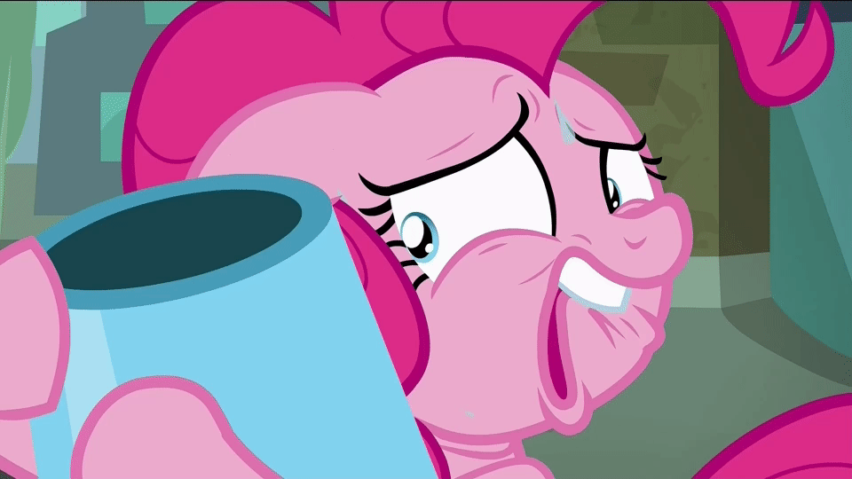 Size: 960x540 | Tagged: safe, screencap, character:pinkie pie, episode:the gift of the maud pie, g4, my little pony: friendship is magic, animated, eye shimmer, faec, floppy ears, hug, lip bite, manehattan, nervous, party cannon, sad, solo, sweat, sweatdrop, wide eyes