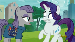 Size: 1273x715 | Tagged: safe, screencap, character:maud pie, character:rarity, episode:the gift of the maud pie, g4, my little pony: friendship is magic, discovery family logo, freaked out, lip bite, manehattan, nervous, pouch, rock pouch, saddle bag, sweat, teleportation, wide eyes