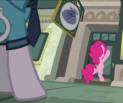 Size: 1297x1080 | Tagged: safe, screencap, character:copper top, character:pinkie pie, species:pony, episode:the gift of the maud pie, g4, my little pony: friendship is magic, bipedal, manehattan, missing cutie mark, police officer, police pony