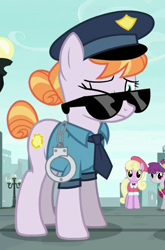 Size: 500x759 | Tagged: safe, screencap, character:copper top, character:luckette, character:pinot noir, species:earth pony, species:pony, episode:the gift of the maud pie, g4, my little pony: friendship is magic, confused, cuffs, cute, female, frown, police officer, police pony, solo focus, sunglasses, wink