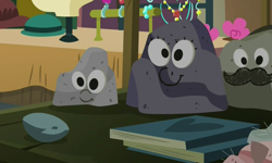 Size: 1443x863 | Tagged: safe, screencap, character:boulder, episode:the gift of the maud pie, g4, my little pony: friendship is magic, book, clothing, googly eyes, hat, jewelry, pet rock, solo