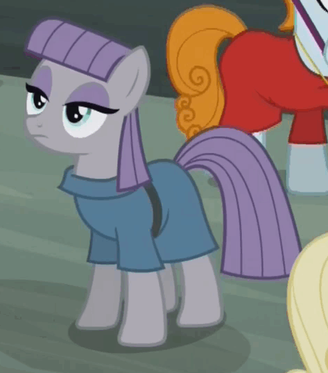Size: 473x537 | Tagged: safe, screencap, character:joan pommelway, character:maud pie, species:earth pony, species:pony, episode:the gift of the maud pie, g4, my little pony: friendship is magic, animated, background pony, blinking, expressionless face, female, loop, mare, maud being maud, maud pie may or may not be amused, solo focus