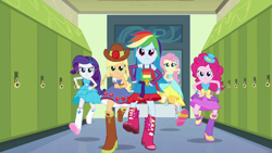 Size: 1280x720 | Tagged: safe, screencap, character:applejack, character:fluttershy, character:pinkie pie, character:rainbow dash, character:rarity, my little pony:equestria girls, apple, boots, bracelet, chase, clothing, cowboy boots, cowboy hat, fall formal, fall formal outfits, hat, high heel boots, humane five, jewelry, rainbow, running, skirt, top hat
