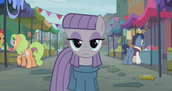 Size: 1919x1017 | Tagged: safe, screencap, character:maud pie, character:waxton, species:earth pony, species:pony, episode:the gift of the maud pie, g4, my little pony: friendship is magic, background pony, chock-full carafe, discovery family logo, female, floral pattern, looking at you, male, stare