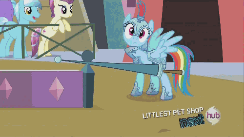 Size: 500x281 | Tagged: safe, screencap, character:fluttershy, character:rainbow dash, episode:the crystal empire, g4, my little pony: friendship is magic, animated, frame skipping, hub logo, hubble, jousting, the hub