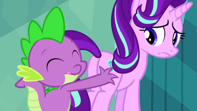 Size: 640x360 | Tagged: safe, screencap, character:spike, character:starlight glimmer, species:pony, episode:the crystalling, g4, my little pony: friendship is magic, animated, butt grab, butt touch, cropped, eyes closed, female, frown, grope, hand on butt, mare, out of context, plot, smiling