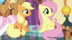 Size: 640x360 | Tagged: safe, screencap, character:applejack, character:fluttershy, episode:party pooped, g4, my little pony: friendship is magic, cropped