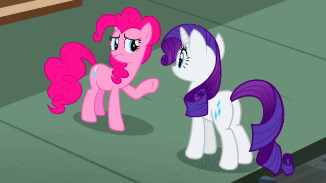 Size: 640x360 | Tagged: safe, screencap, character:pinkie pie, character:rarity, ship:raripie, episode:the gift of the maud pie, g4, my little pony: friendship is magic, animated, caption, female, image macro, lesbian, meme, pink text, shipping