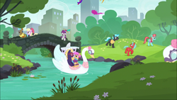 Size: 1920x1080 | Tagged: safe, screencap, character:luckette, character:neigh sayer, character:pinot noir, character:strawberry ice, species:earth pony, species:pony, episode:the gift of the maud pie, g4, my little pony: friendship is magic, b. sharp, background pony, boat, bridge, corral park, cute, female, heart glasses, kite, male, manehattan, mare, orange sherbet, park, river, stallion, swan boat, swanky hank