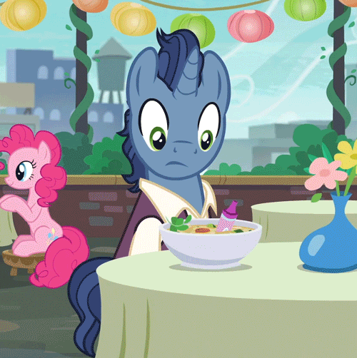 Size: 500x502 | Tagged: safe, screencap, character:pinkie pie, character:waxton, episode:the gift of the maud pie, g4, my little pony: friendship is magic, animated, background pony, crayon, food, frown, sad, soup, wide eyes