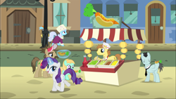 Size: 1920x1080 | Tagged: safe, screencap, character:bruce mane, character:linky, character:rarity, character:shoeshine, species:pony, episode:rarity takes manehattan, g4, my little pony: friendship is magic, background pony, carrot, carrot dog, food, globe trotter, glowing horn, magic, prince shoeshine, rosy gold, telekinesis, wetzel