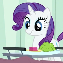 Size: 652x653 | Tagged: safe, screencap, character:rarity, episode:read it and weep, g4, my little pony: friendship is magic, cropped, food, rarity looking at food, solo