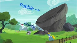 Size: 800x450 | Tagged: safe, screencap, character:boulder, character:maud pie, character:rarity, episode:the gift of the maud pie, g4, my little pony: friendship is magic, size doesn't matter