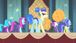 Size: 1280x720 | Tagged: safe, screencap, character:blue cutie, character:foxxy trot, character:sapphire shores, species:pony, episode:for whom the sweetie belle toils, afro, backup dancers, female, mare, plot