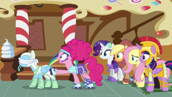 Size: 1280x720 | Tagged: safe, screencap, character:applejack, character:fluttershy, character:pinkie pie, character:rainbow dash, character:rarity, character:twilight sparkle, character:twilight sparkle (alicorn), species:alicorn, species:pony, episode:scare master, g4, my little pony: friendship is magic, applelion, astrodash, athena sparkle, blindfold, clothing, costume, female, mare, mermaid, mermarity, nightmare night, nightmare night costume, pinkie puffs, sugarcube corner