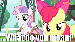 Size: 662x370 | Tagged: safe, screencap, character:apple bloom, character:sweetie belle, episode:on your marks, g4, my little pony: friendship is magic, discovery family logo, reaction image, swing, text