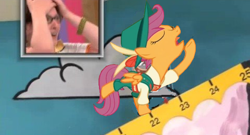 Size: 480x259 | Tagged: safe, screencap, character:scootaloo, species:human, species:pegasus, species:pony, episode:on your marks, g4, my little pony: friendship is magic, cliff hangers, clothing, lederhosen, the price is right, yodeloo