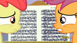 Size: 2497x1385 | Tagged: safe, screencap, character:apple bloom, character:scootaloo, species:pegasus, species:pony, episode:on your marks, g4, my little pony: friendship is magic, concerned, discovery family logo, music notes, sheet music