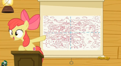Size: 970x531 | Tagged: safe, screencap, character:apple bloom, episode:on your marks, g4, my little pony: friendship is magic, cutie mark, discovery family logo, map, ponyville, the cmc's cutie marks