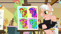 Size: 1920x1080 | Tagged: safe, screencap, character:peachy pitt, character:tree hugger, species:pony, episode:on your marks, g4, my little pony: friendship is magic, andy warhol, bipedal, discovery family logo, easel, fine art parody, modern art, mouth hold, pablo picasso, paint, paintbrush, painting, parody, ponified, pop art, pop art (character), spotlight, studio