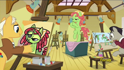 Size: 1920x1080 | Tagged: safe, screencap, character:peachy pitt, character:tree hugger, species:pony, episode:on your marks, g4, my little pony: friendship is magic, bipedal, cubism, discovery family logo, easel, fine art parody, leonardo da brinci, leonardo da vinci, modern art, pablo picasso, paint, paintbrush, painting, ponified, salvador dalí, spotlight, the persistence of memory