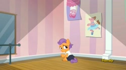 Size: 1665x929 | Tagged: safe, screencap, character:tender taps, species:pony, episode:on your marks, g4, my little pony: friendship is magic, ballet, clothing, colt, discovery family logo, frown, male, shy, solo, waving