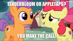 Size: 1280x720 | Tagged: safe, screencap, character:apple bloom, character:tender taps, species:earth pony, species:pony, ship:tenderbloom, episode:on your marks, g4, my little pony: friendship is magic, colt, cutie mark, discovery family logo, female, filly, image macro, male, meme, shipping, the cmc's cutie marks