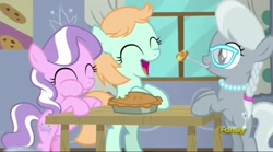 Size: 2044x1139 | Tagged: safe, screencap, character:diamond tiara, character:peach fuzz, character:silver spoon, episode:on your marks, g4, my little pony: friendship is magic, best friends, discovery family logo, eating, feeding, food, pie