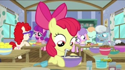 Size: 2048x1150 | Tagged: safe, screencap, character:apple bloom, character:diamond tiara, character:lily longsocks, character:peach fuzz, character:silver spoon, character:twist, species:earth pony, species:pony, episode:on your marks, g4, my little pony: friendship is magic, baking, beaker, bowl, discovery family logo, female, filly, foal, food, lemon, mouth hold