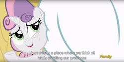 Size: 1920x960 | Tagged: safe, screencap, character:bulk biceps, character:sweetie belle, episode:on your marks, g4, my little pony: friendship is magic, discovery family logo, meme, squished, squishy cheeks, youtube caption