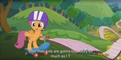 Size: 1920x960 | Tagged: safe, screencap, character:scootaloo, species:pegasus, species:pony, episode:on your marks, g4, my little pony: friendship is magic, discovery family logo, meme, scooter, youtube caption