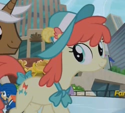 Size: 806x732 | Tagged: safe, screencap, character:mochaccino, character:rare find, species:earth pony, species:pony, species:unicorn, episode:the gift of the maud pie, g4, my little pony: friendship is magic, background pony, bow, clothing, crimson cream, fashion statement, female, hat, ice rink, ice skating, male, manehattan, mare, mare e. belle, neck bow, solo focus, stallion, tail bow, vancouver canucks