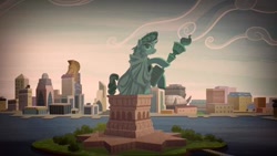 Size: 480x270 | Tagged: safe, screencap, episode:the gift of the maud pie, g4, my little pony: friendship is magic, city, cityscape, crystaller building, friendship island, manehattan, pier, piers, scenery, stadium, statue of friendship
