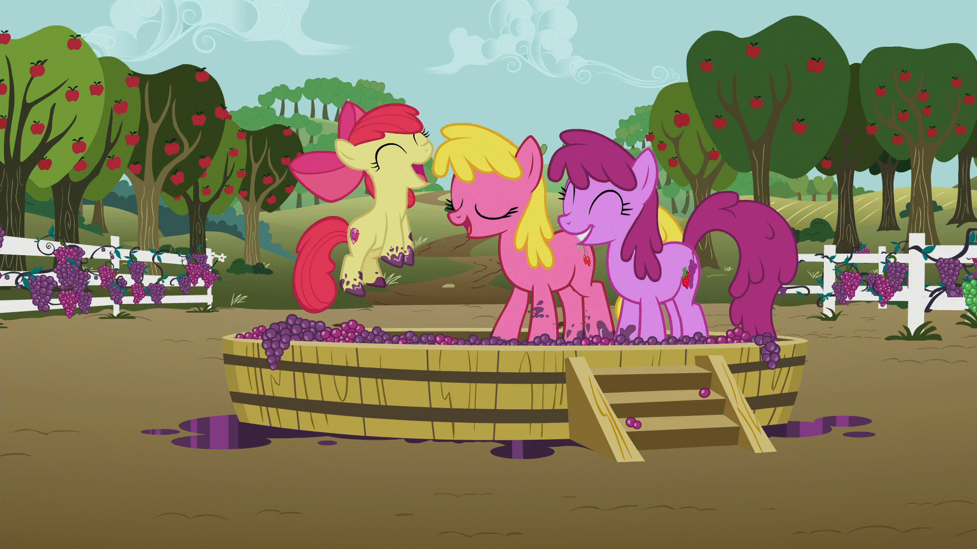 Size: 1920x1080 | Tagged: safe, artist:ikillyou121, screencap, character:apple bloom, character:berry punch, character:berryshine, character:cherry berry, episode:on your marks, g4, my little pony: friendship is magic, absurd file size, adorabloom, animated, cute, cutie mark, female, food, grape stomping, grapes, open mouth, the cmc's cutie marks, trio, trio female, vinyard