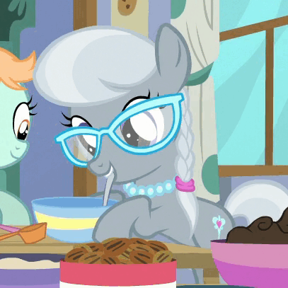 Size: 407x407 | Tagged: safe, screencap, character:peach fuzz, character:silver spoon, episode:on your marks, g4, my little pony: friendship is magic, animated, bowl, cute, food, glasses, loop, mixing bowl, mouth hold, silverbetes, solo focus, spoon, stirring