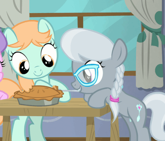 Size: 555x475 | Tagged: safe, screencap, character:diamond tiara, character:peach fuzz, character:silver spoon, episode:on your marks, g4, my little pony: friendship is magic, alternative cutie mark placement, animated, animation error, cute, diapeaches, duo focus, feeding, foal, food, fork, inner thigh cutie mark, mouth hold, pie, silverbetes