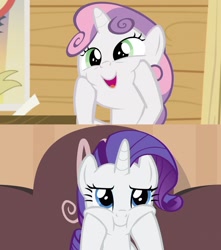 Size: 1920x2170 | Tagged: safe, screencap, character:rarity, character:sweetie belle, species:pony, species:unicorn, episode:bloom and gloom, episode:rarity takes manehattan, g4, my little pony: friendship is magic, comparison, cute, food, marshmallow, rarara, raribetes, rarity is a marshmallow, runs in the family, squishy cheeks, sweetie belle is a marshmallow too