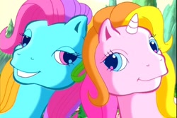 Size: 720x480 | Tagged: safe, screencap, character:rainbow dash, character:rainbow dash (g3), character:rarity (g3), species:earth pony, species:pony, species:unicorn, episode:greetings from unicornia, g3, duo, lidded eyes, looking at each other, looking at someone, wish you were here (song)